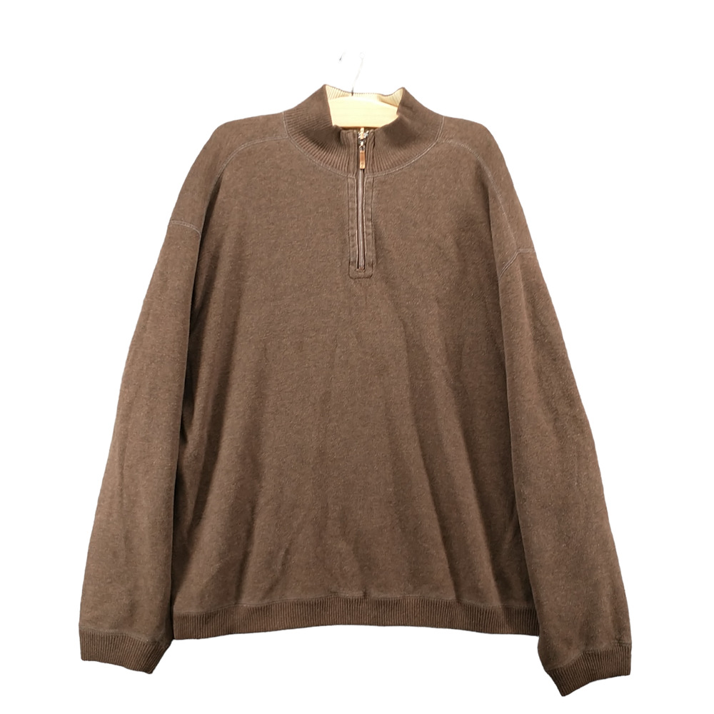 Tommy Bahama Men's 1/4 Zip Pullover Knit Sweater Brown XL Solid Mock Neck Cotton